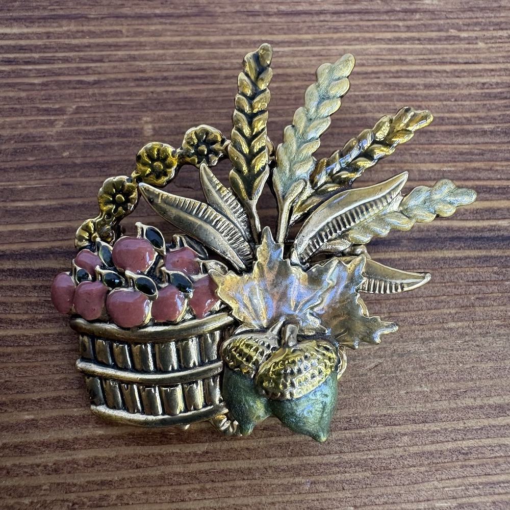 Vintage Kenneth Cole Fall Harvest Brooch Gold Tone Apples Wheat Acorns Pin